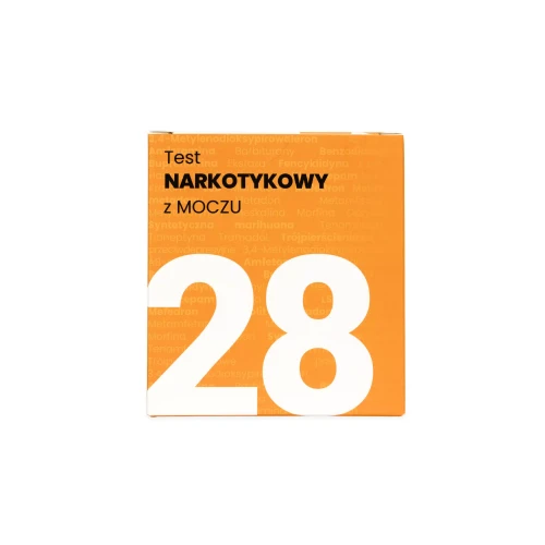 Opakowanie testu narkotykowego z moczu BISAF 28w1 w kolorze pomarańczowym z oznaczeniem liczby paneli i nazwą produktu.
