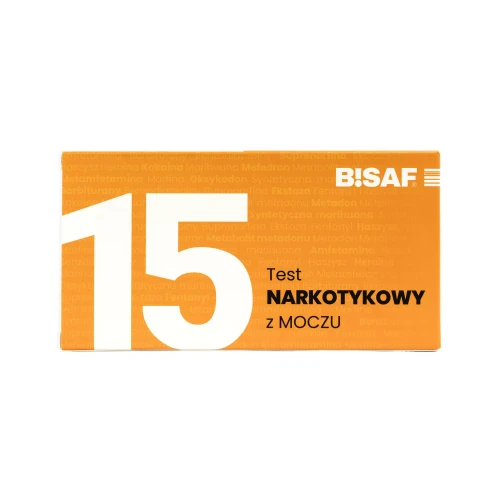 Opakowanie testu narkotykowego z moczu BISAF 15w1 w kolorze pomarańczowym z oznaczeniem liczby paneli i nazwą produktu.