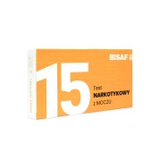 Opakowanie testu narkotykowego z moczu BISAF 15w1 w ujęciu perspektywicznym, z oznaczeniem liczby paneli i nazwą produktu.