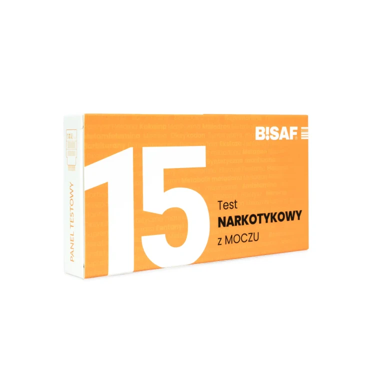 Opakowanie testu narkotykowego z moczu BISAF 15w1 w ujęciu perspektywicznym, z oznaczeniem liczby paneli i nazwą produktu.