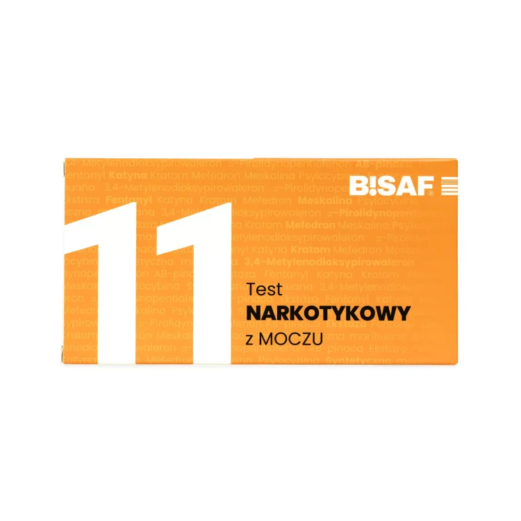 Opakowanie testu narkotykowego z moczu BISAF 11w1 w kolorze pomarańczowym z oznaczeniem liczby paneli i nazwą produktu.