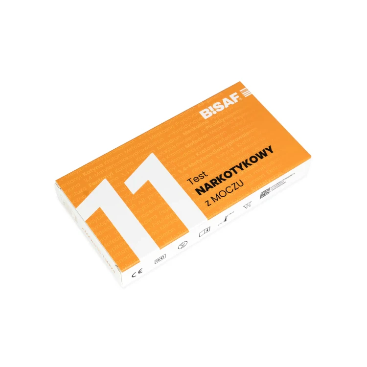 Opakowanie testu narkotykowego z moczu BISAF 11w1 widziane z góry pod kątem, z oznaczeniem liczby paneli i nazwą produktu.