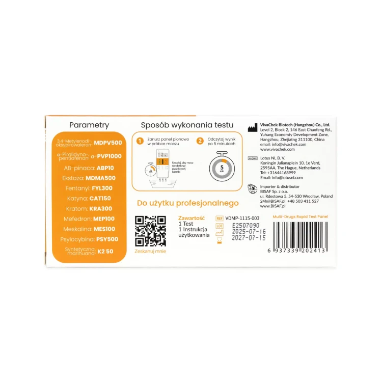 Tył opakowania testu narkotykowego z moczu BISAF 11w1 z listą wykrywanych substancji, instrukcją wykonania testu oraz danymi producenta i kodem QR.