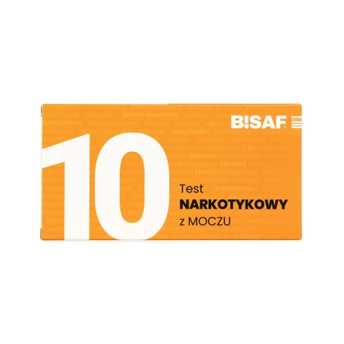 Opakowanie testu narkotykowego z moczu BISAF 10w1 w kolorze pomarańczowym z oznaczeniem liczby paneli i nazwą produktu.