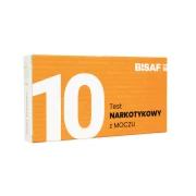 Opakowanie testu narkotykowego z moczu BISAF 10w1 w ujęciu perspektywicznym, z oznaczeniem liczby paneli i nazwą produktu.