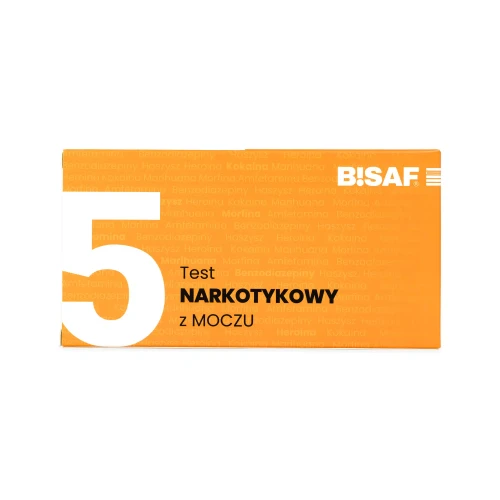Opakowanie testu narkotykowego z moczu BISAF 5w1 w kolorze pomarańczowym z oznaczeniem liczby paneli i nazwą produktu.