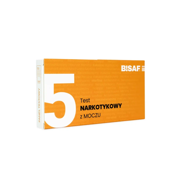 Opakowanie testu narkotykowego z moczu BISAF 5w1 w ujęciu perspektywicznym, z widocznym oznaczeniem liczby paneli i nazwą produktu.