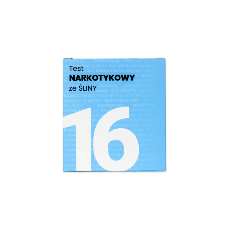 Opakowanie testu narkotykowego ze śliny BISAF 16w1, przedstawione na jasnym tle.