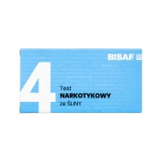 Opakowanie testu narkotykowego ze śliny BISAF 4w1, przedstawione na jasnym tle.