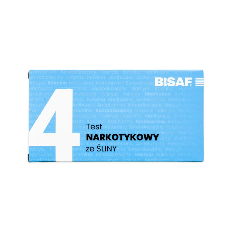 Opakowanie testu narkotykowego ze śliny BISAF 4w1, przedstawione na jasnym tle.