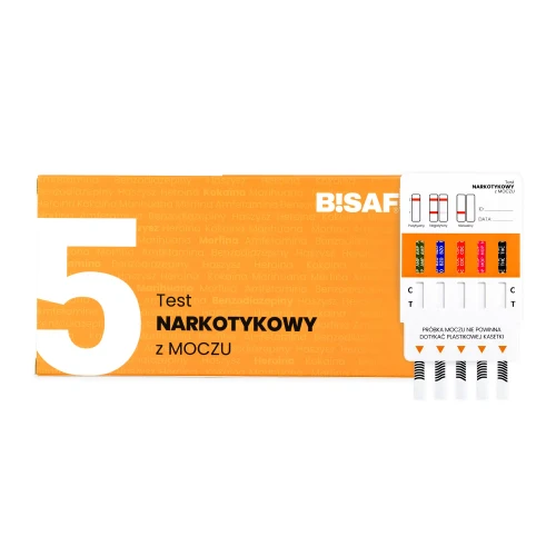 Opakowanie testu narkotykowego z moczu BISAF 5w1 z widoczną kasetką testową oraz paskami testowymi i schematem interpretacji wyników.