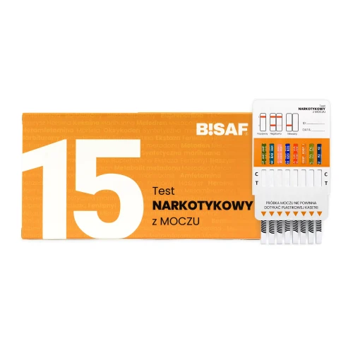 Opakowanie testu narkotykowego z moczu BISAF 15w1 z widoczną kasetką testową, paskami analitycznymi oraz schematem interpretacji wyników.