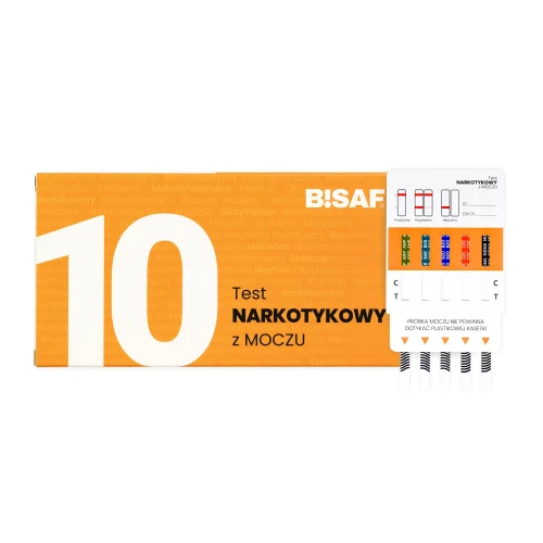 Opakowanie testu narkotykowego z moczu BISAF 10w1 z widoczną kasetką testową i paskami do analizy oraz schematem interpretacji wyników.