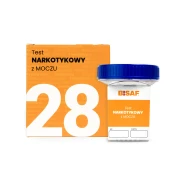 Opakowanie i pojemnik testu narkotykowego z moczu BISAF 28w1 z widocznym kubkiem testowym i miejscem na opis próbki.