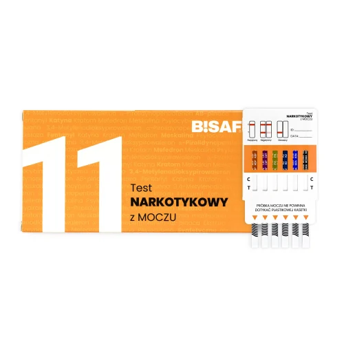 Opakowanie testu narkotykowego z moczu BISAF 11w1 z widoczną kasetką testową, paskami analitycznymi oraz schematem interpretacji wyników.