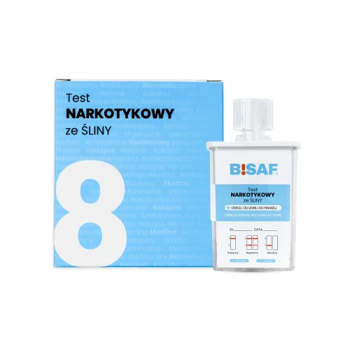 Test narkotykowy ze śliny BISAF 8w1 z opakowaniem i urządzeniem testowym, przedstawiony na jasnym tle.