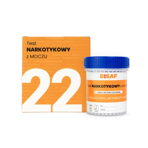 Opakowanie i pojemnik testu narkotykowego z moczu BISAF 22w1 z widocznym kubkiem testowym oraz etykietą do odczytu wyników.