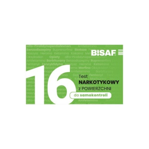Opakowanie testu narkotykowego BISAF 16w1 z powierzchni do samokontroli w kolorze zielonym z oznaczeniem liczby paneli i nazwą produktu.