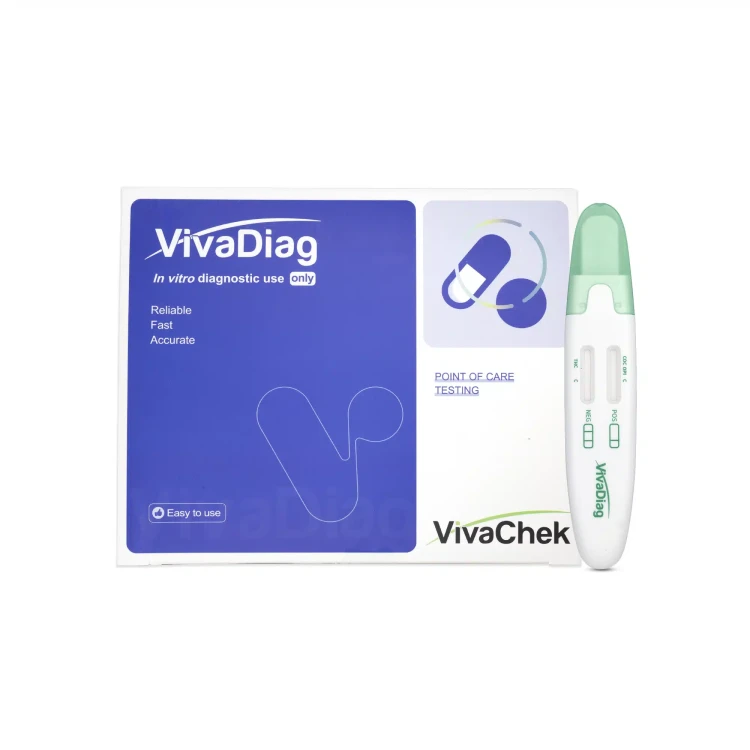 Opakowanie testu diagnostycznego VivaDiag wraz z kasetką testową VivaChek, przeznaczonego do diagnostyki in vitro, przedstawione na jasnym tle z informacją o szybkim i dokładnym działaniu.