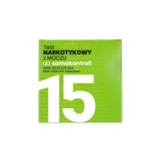 Opakowanie testu narkotykowego z moczu do samokontroli (15 parametrów) w kolorze zielonym, z dużym oznaczeniem „15” oraz napisem „Test narkotykowy z moczu do samokontroli”.