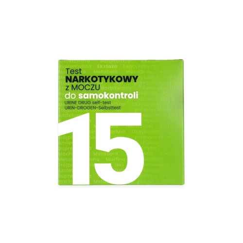 Opakowanie testu narkotykowego z moczu do samokontroli (15 parametrów) w kolorze zielonym, z dużym oznaczeniem „15” oraz napisem „Test narkotykowy z moczu do samokontroli”.
