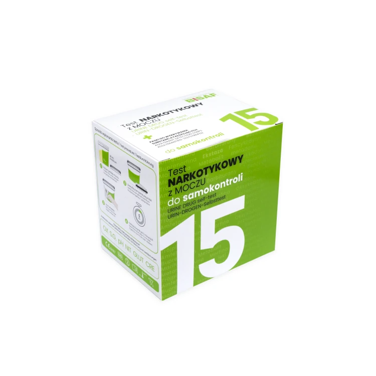Opakowanie testu narkotykowego z moczu do samokontroli BISAF (15 paneli) w ujęciu pod kątem, z widoczną nazwą produktu, oznaczeniem „15” oraz fragmentem instrukcji i parametrów (OX, S.G., pH, NIT, GLUT, CRE).