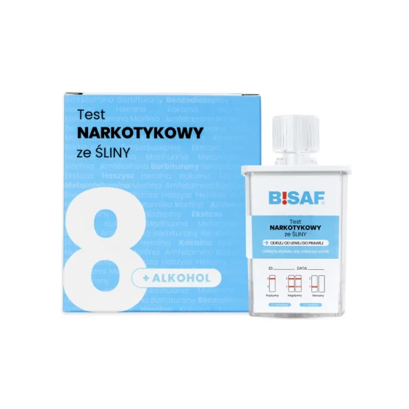Test narkotykowy ze śliny 8 substancji + alkohol - front opakowania + kolektor śliny